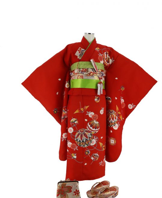七五三 7歳用女の子着物フルセット◆赤色系　鞠に桜◆【さざんか】1036-001